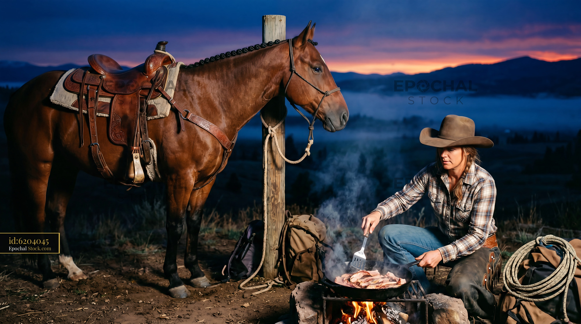 Western Cowgirl Campfire and Bay Quarter Horse - stock photo