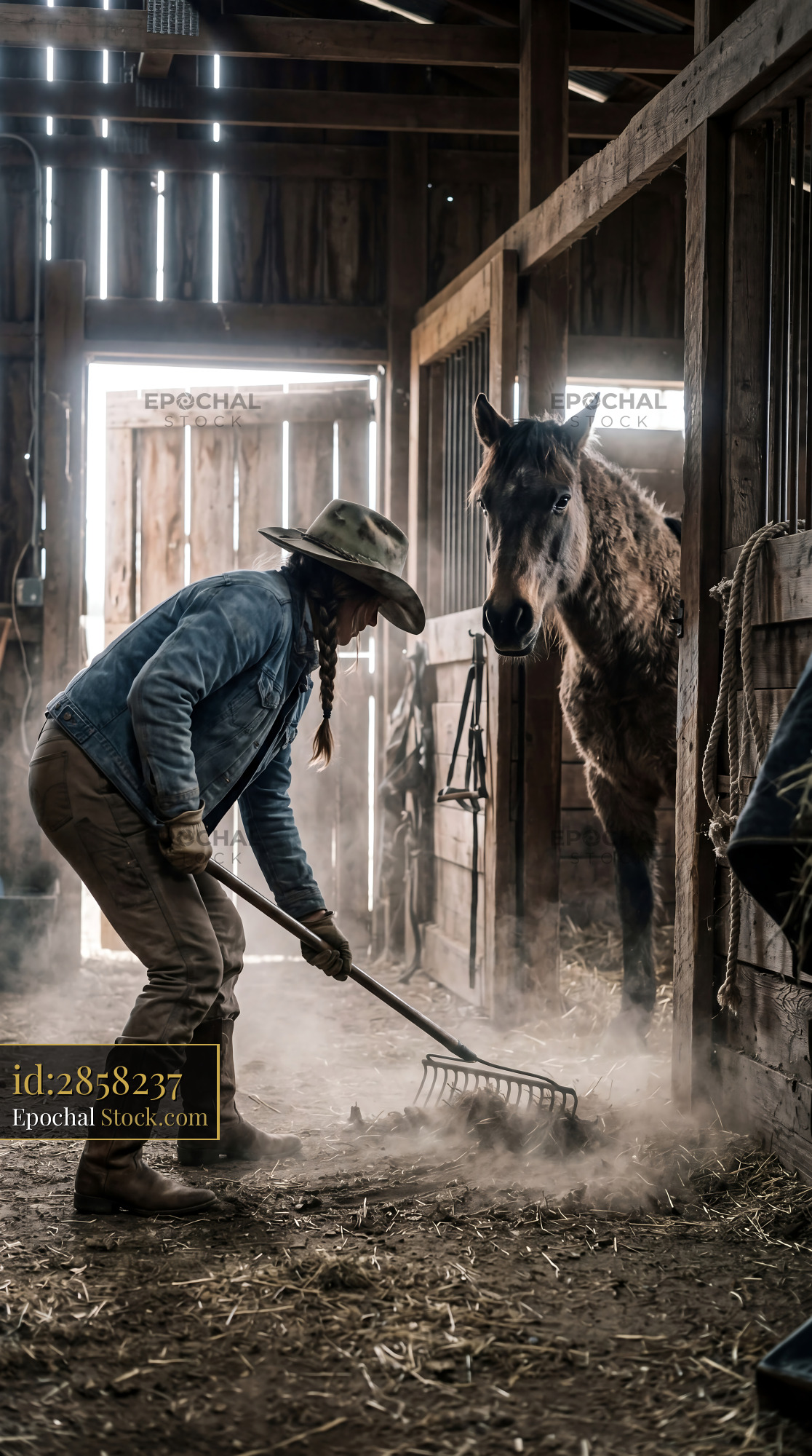 Atmospheric Western Cowgirl Raking Barn Aisle - stock photo
