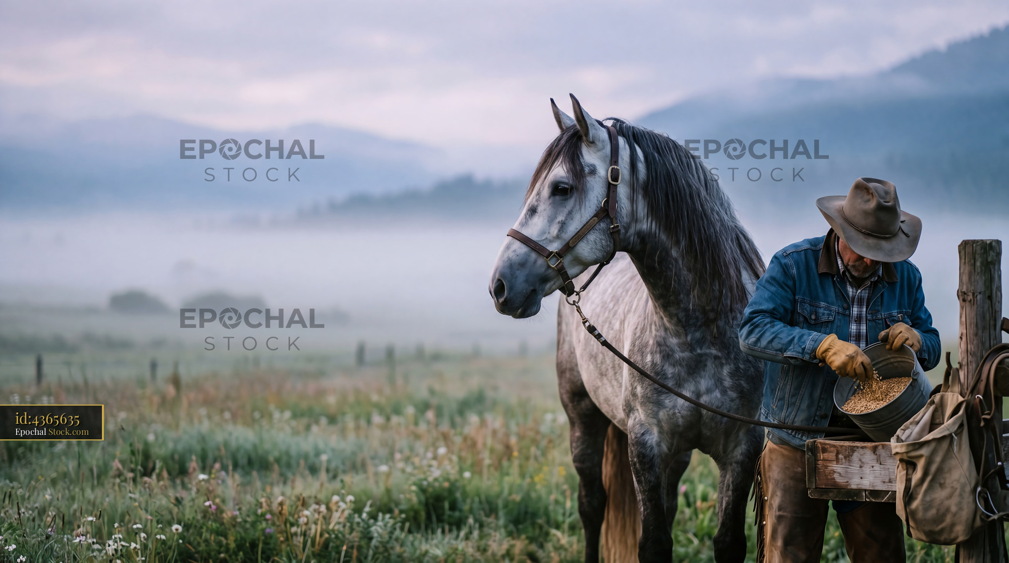 Misty Morning Cowboy and Grey Andalusian Horse - stock photo