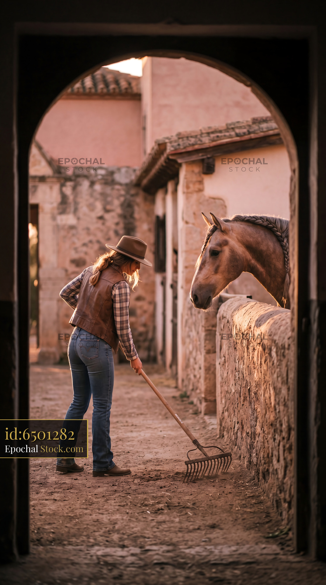 Spanish Hacienda Cowgirl & Braided Horse Scene - stock photo