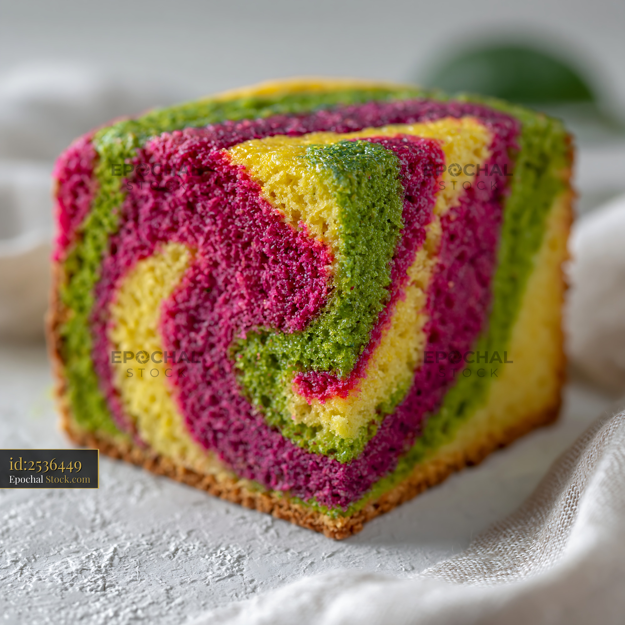 Slice of vibrant colorful marble cake with pink and green swirls