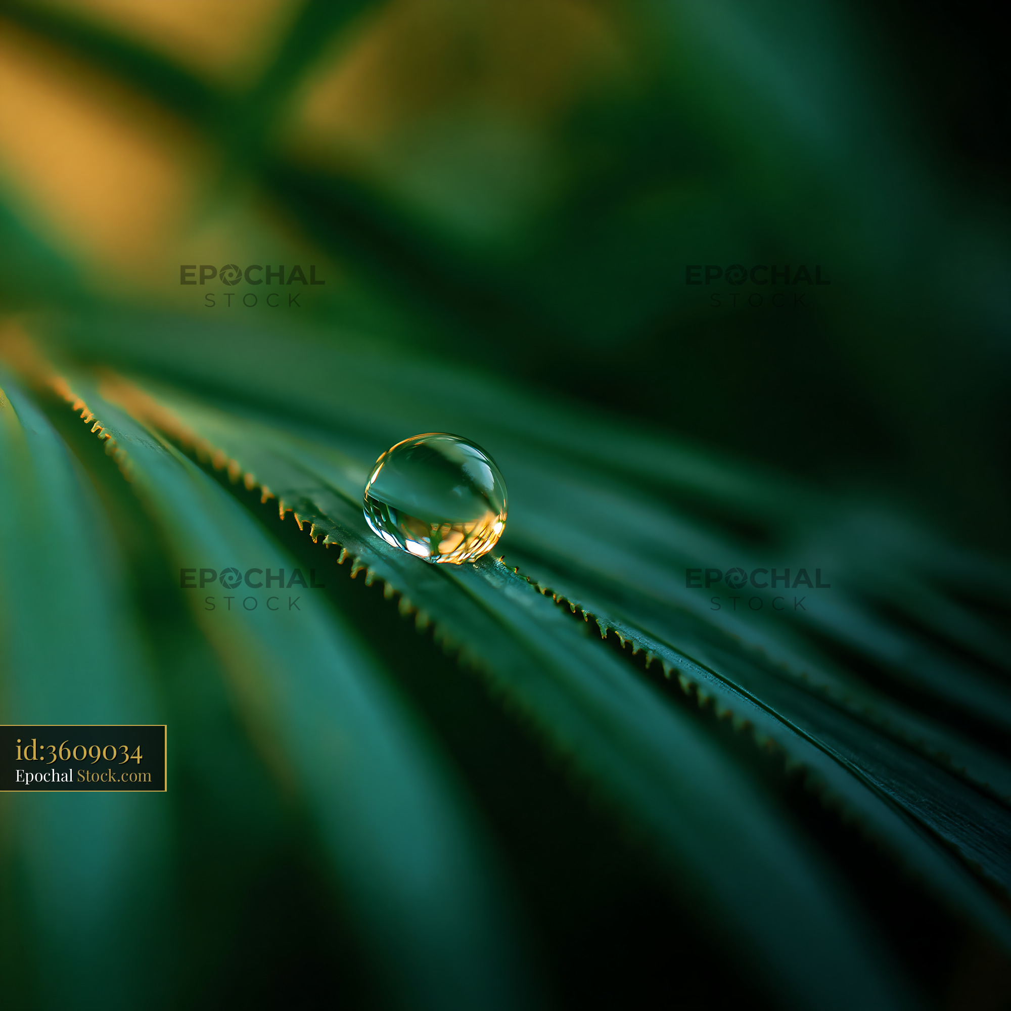 Single water droplet on a green palm leaf in golden morning light - stock photo