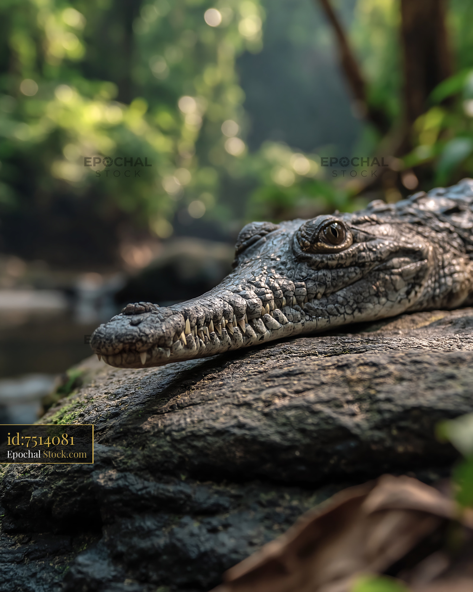 Crocodile resting on a mossy log in lush green habitat - stock photo