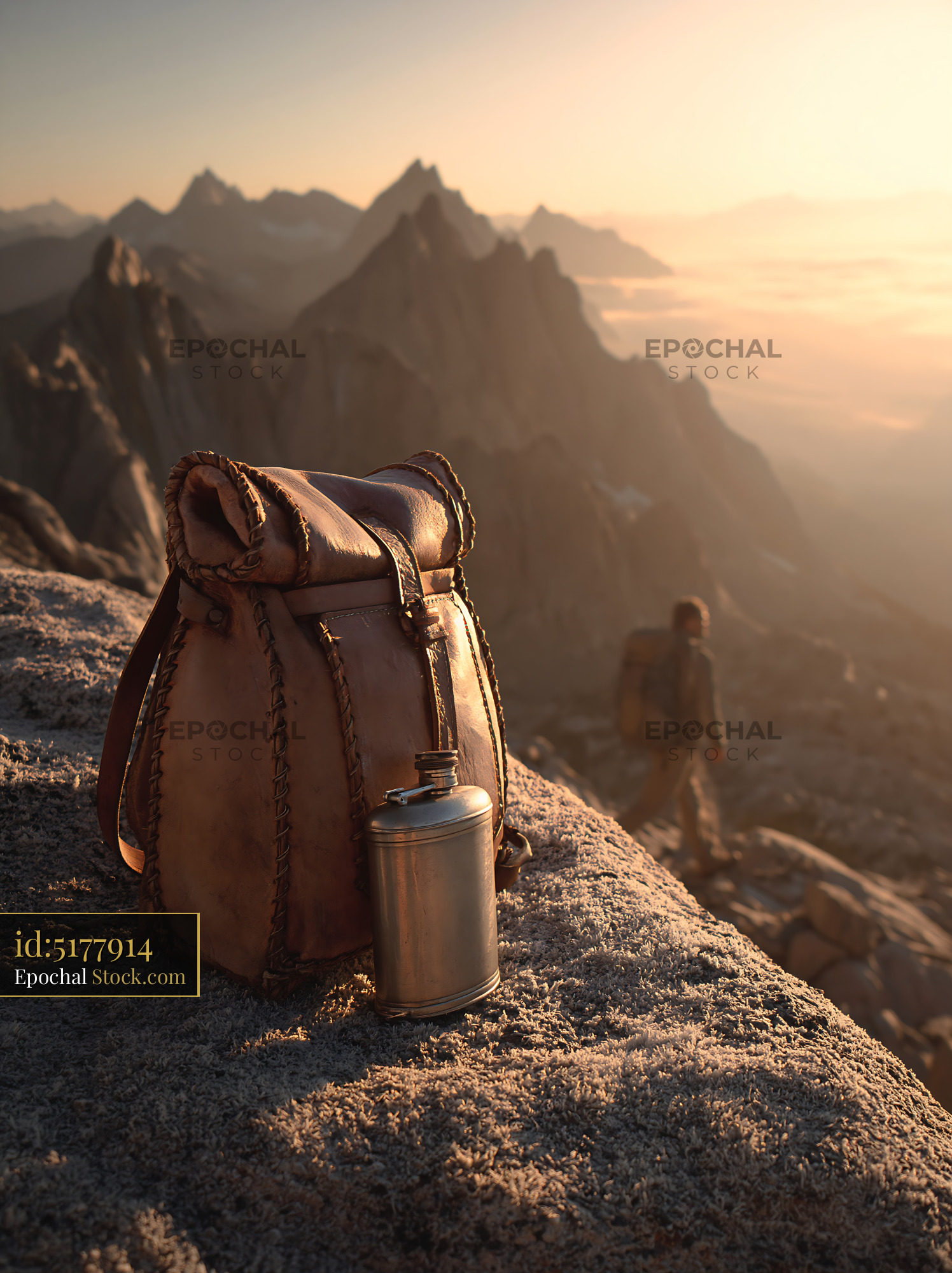 Vintage leather backpack and flask on a mountain ridge at sunrise