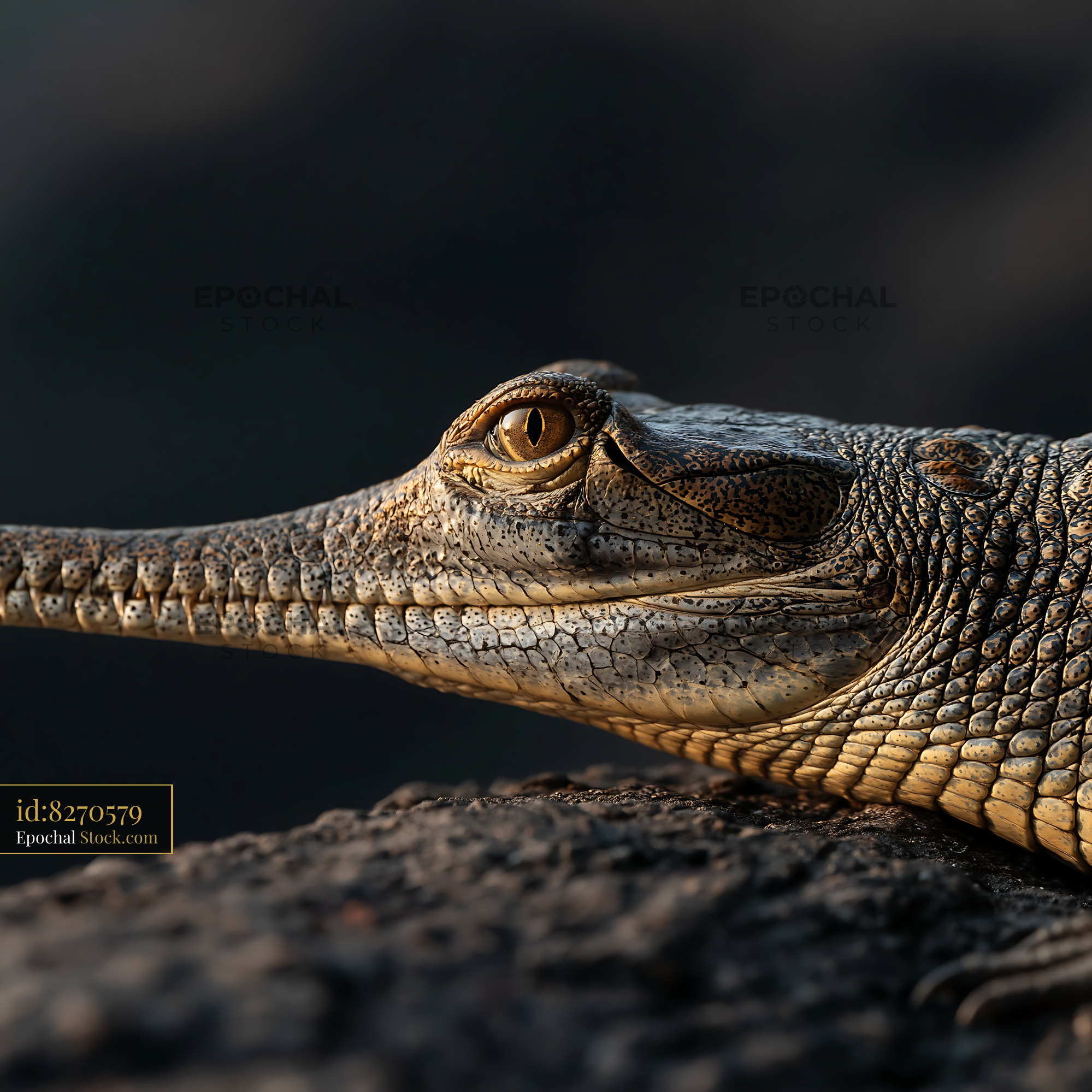 Close up of a gharial head in golden afternoon light - stock photo