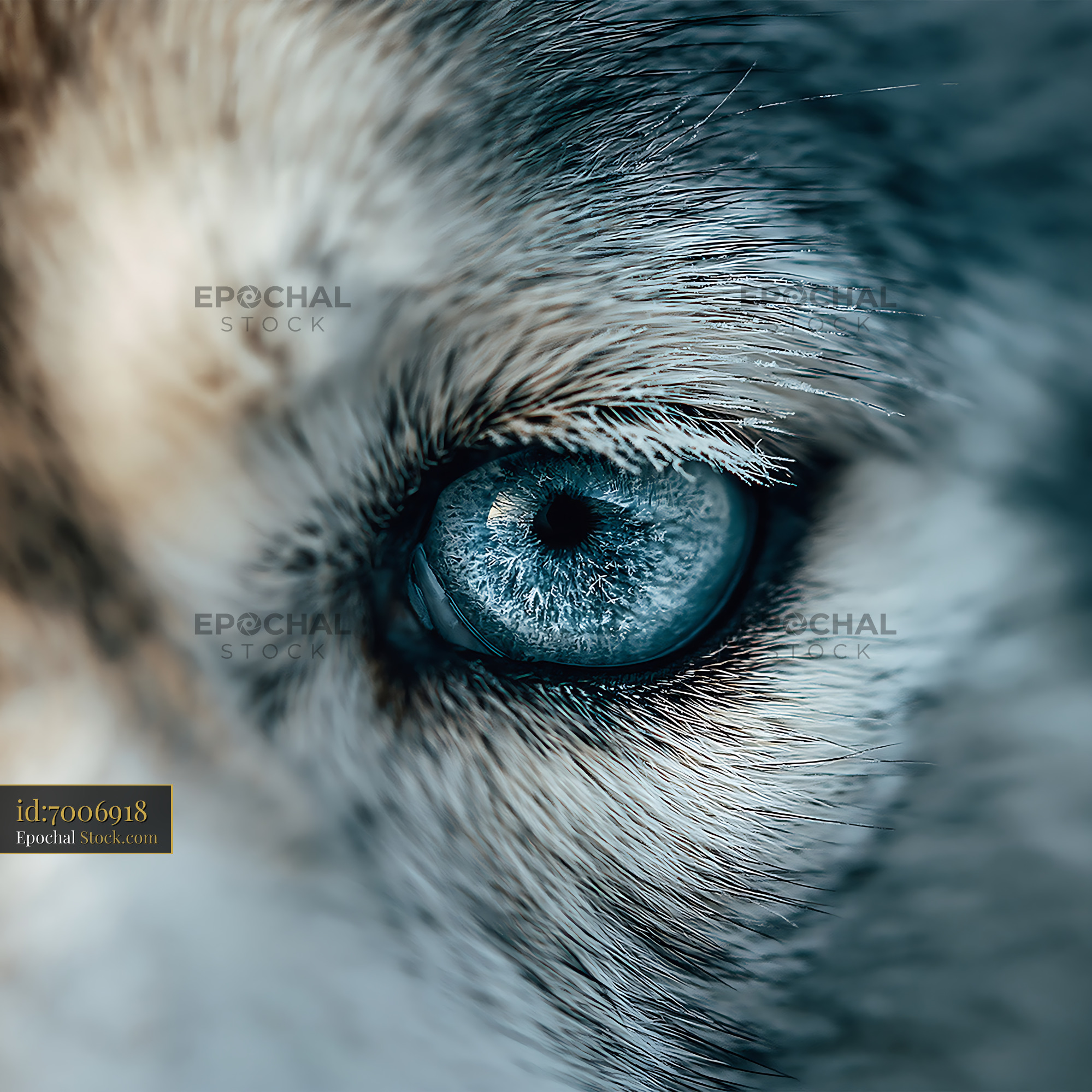 Extreme close-up of a piercing blue wolf eye with frosted fur - stock photo