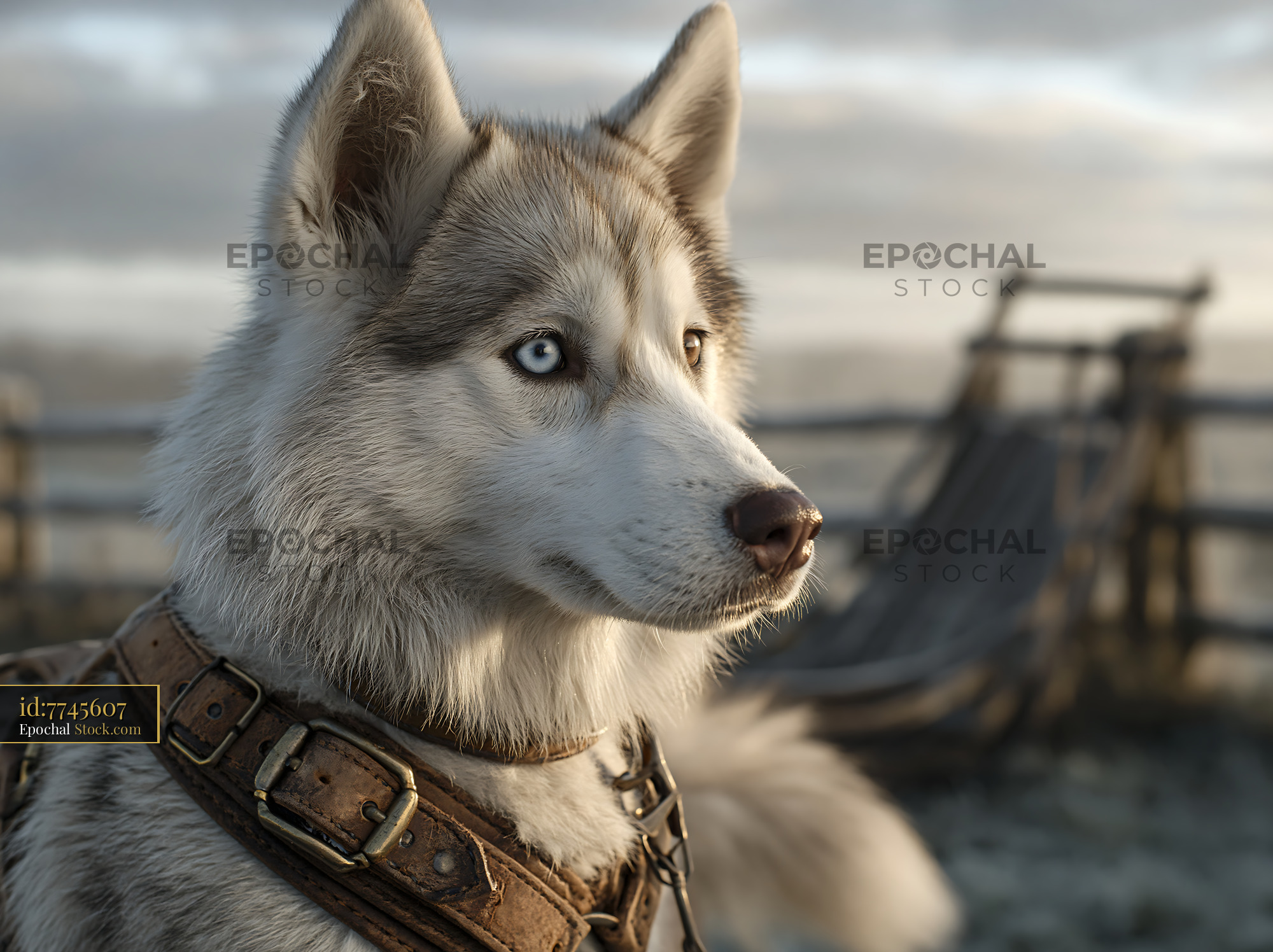 Siberian husky with heterochromia wearing a leather sled harness - stock photo