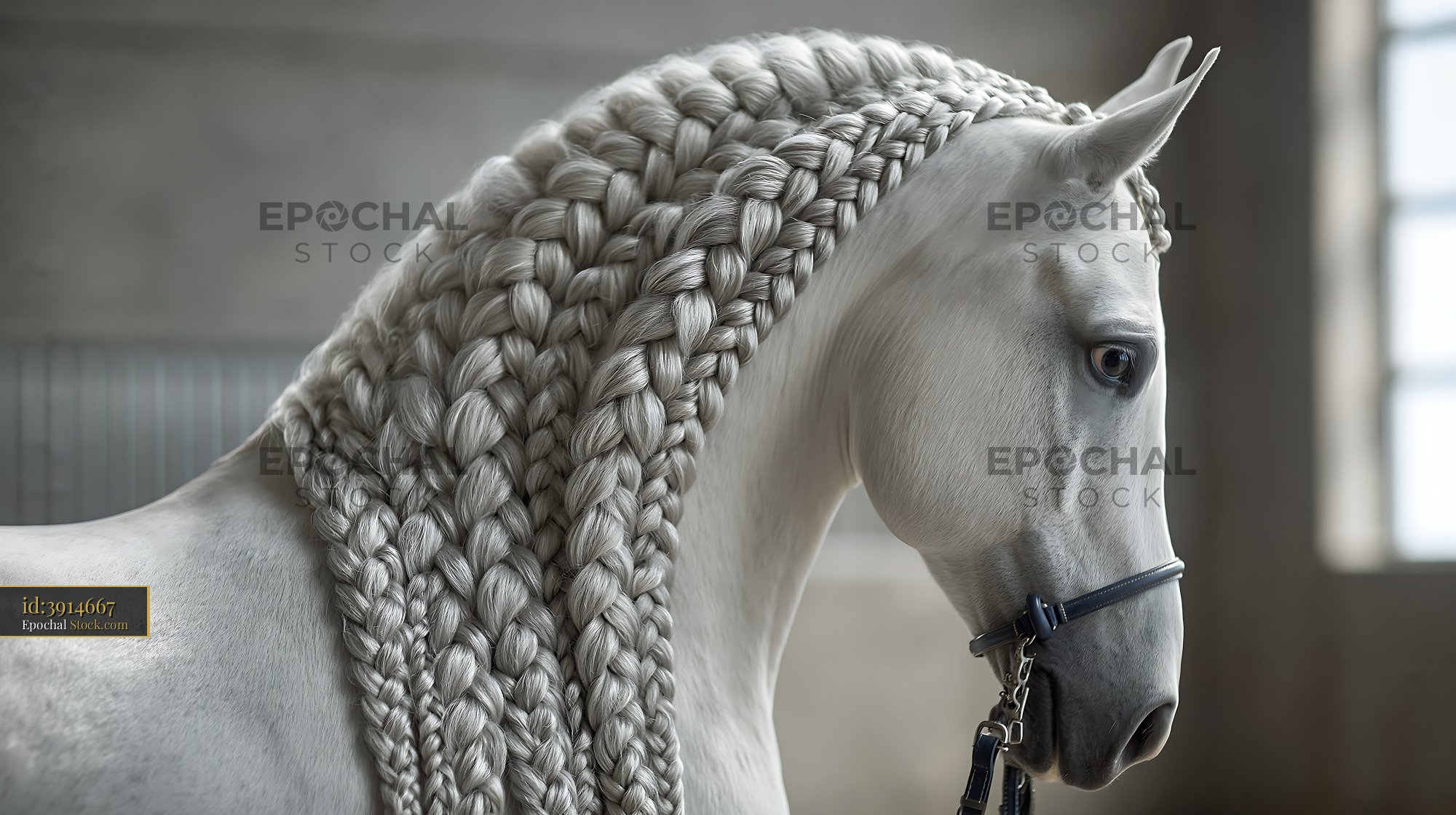 Portrait of a majestic white horse with intricately braided mane - stock photo