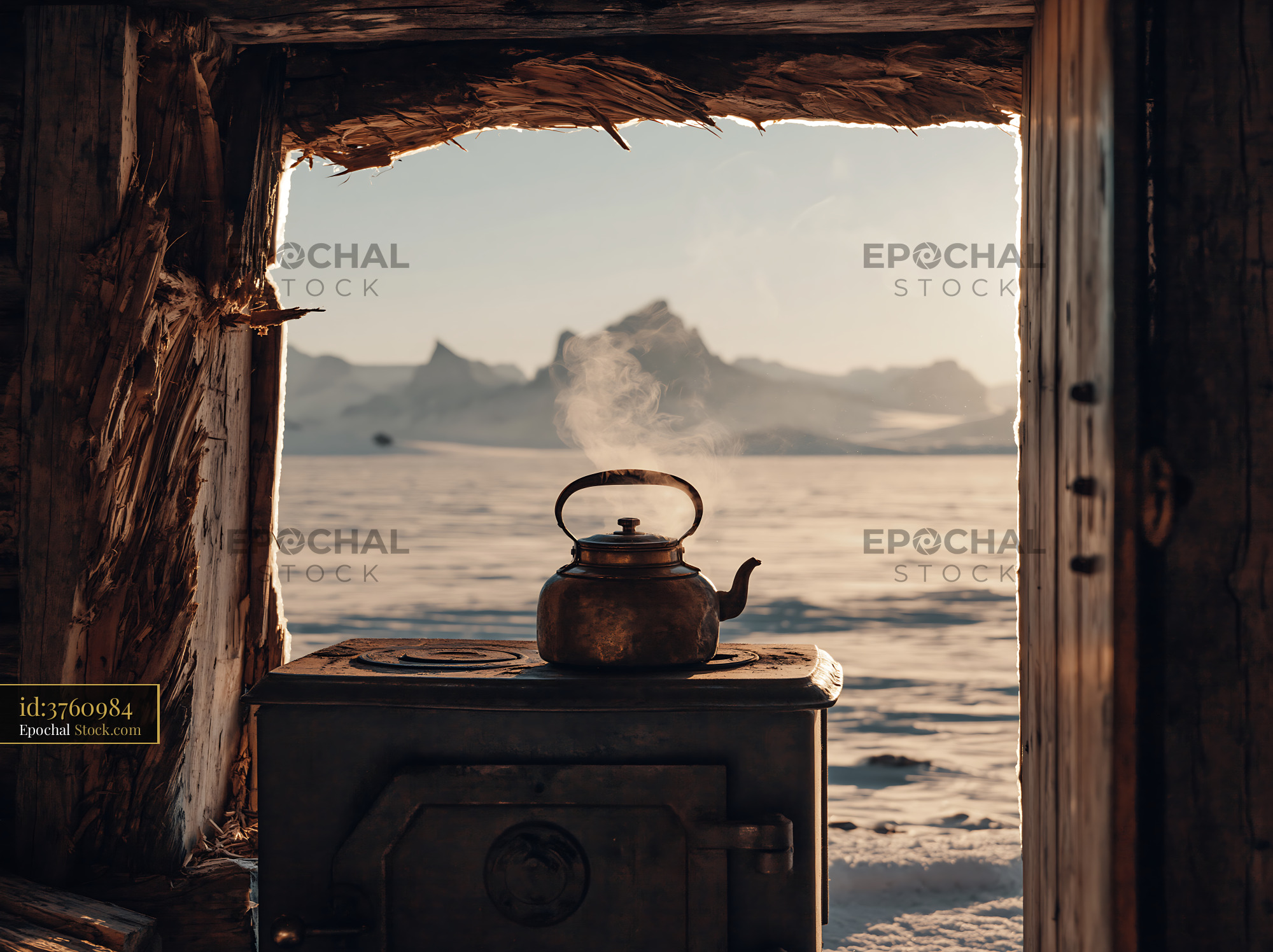 Steaming vintage kettle on rustic wood stove in snowy arctic cabin