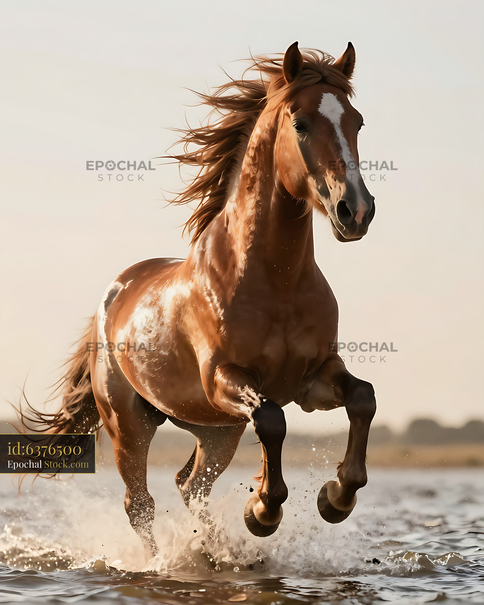 Majestic chestnut horse galloping through water at golden hour - stock photo