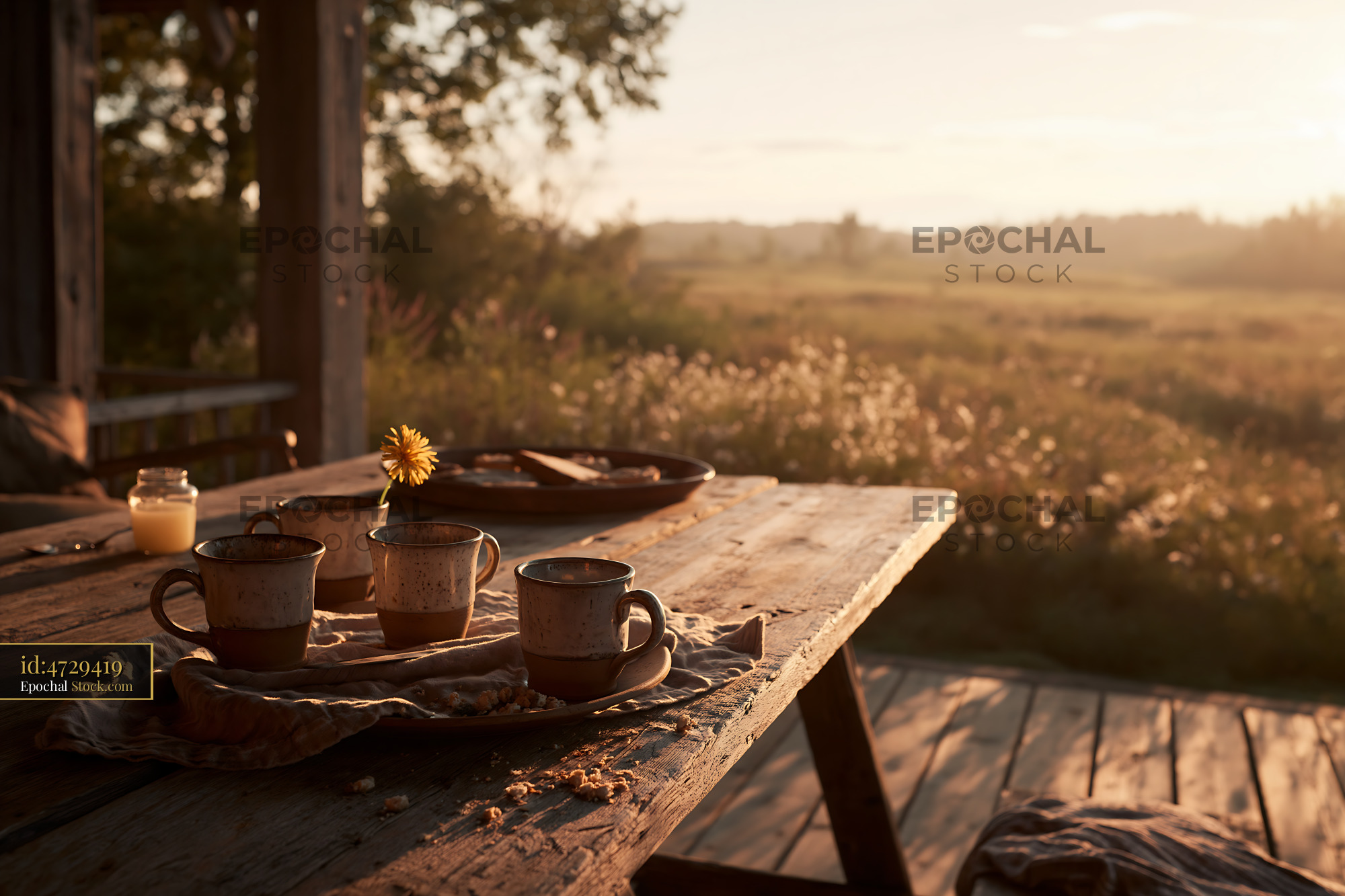 Ceramic mugs on rustic wooden table at golden hour on a porch - stock photo