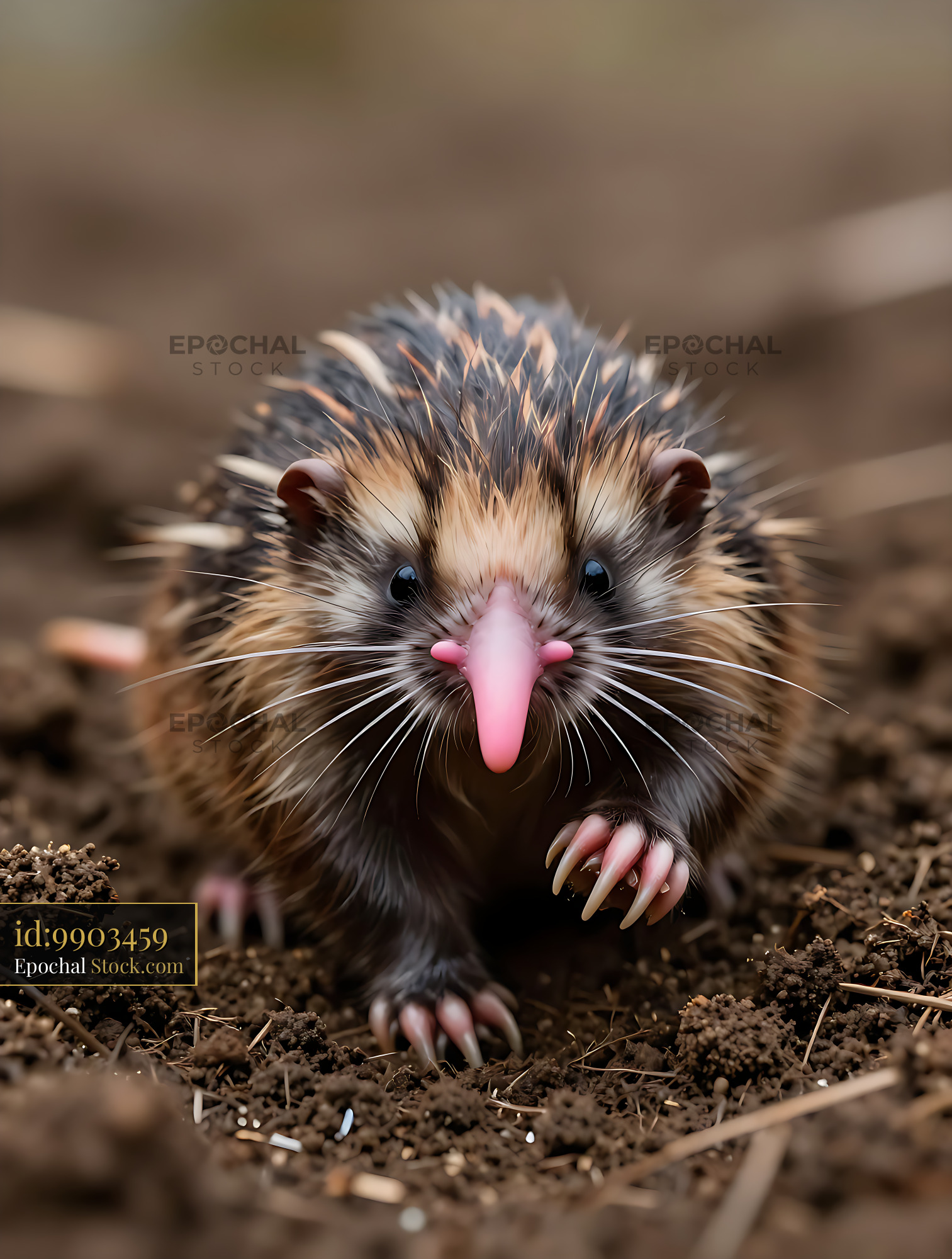 Small hedgehog-like mammal with long pink nose on dark soil - stock photo